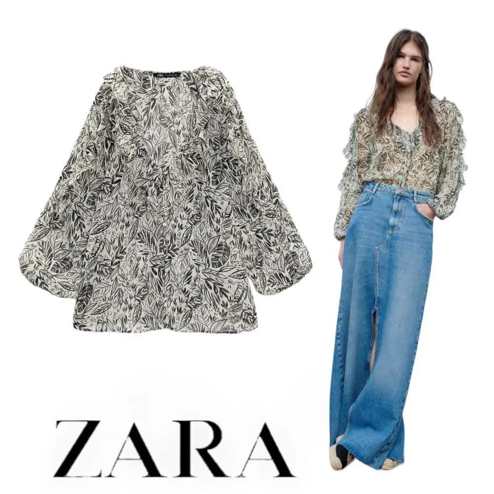 ZARA | Ecru/ Black | RUFFLED PRINT BLOUSE